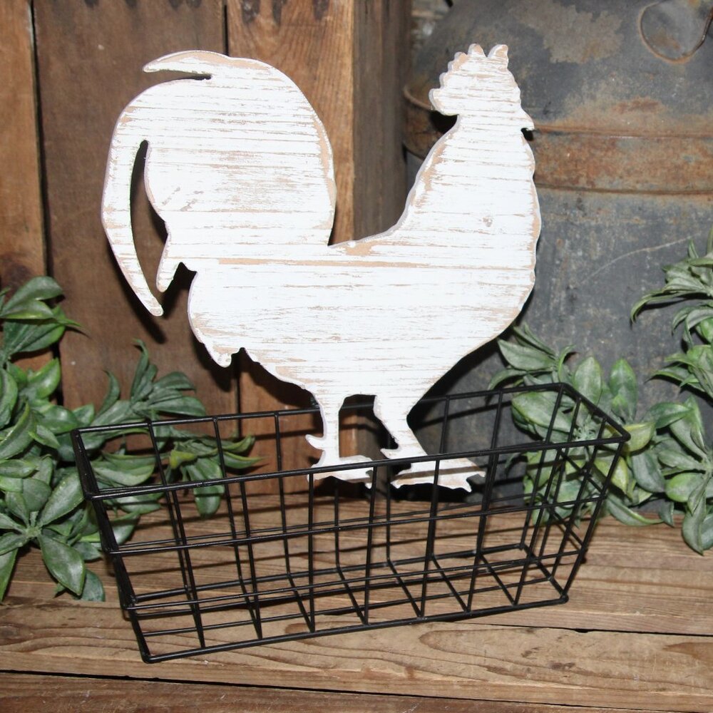 Adorable Distressed White & Black Farmhouse Rooster Countertop or Wall Basket